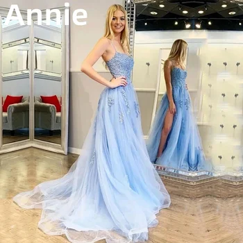 Annie Azul Bordado Em Tule Vestido De Baile, Vestidos De Noche Cintas De Espaguete Slit Vestido De Noite De Volta Aberto Laço Vestido De Festa