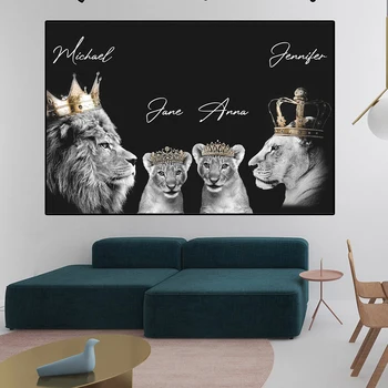 Moda Leão Família Coroa Cartaz Autógrafo Preto-e-Branco de Lona da Pintura Abstrata Animal de Arte de Parede Decoração Imprime para a Sala de