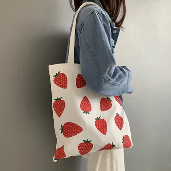 Mulheres Sacolas de Lona Shopper Bag Eco de Grandes Compras de Morango Impressão de Sacos de Ombro, para Raparigas Estudantes do sexo Feminino Bolsa Dobrável