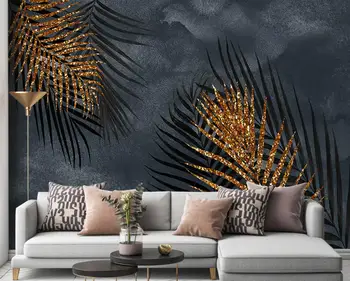 papel de parede Moderna da luz de luxo resumo de ouro plantas tropicais premium cinza de fundo mural 3d papel de parede decoração da casa