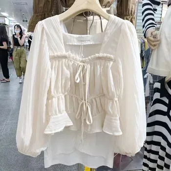Nova Primavera De Linho, Camisa De Algodão Tops Casual Meninas Branco Blusa Mulher Manga Longa Coreano Mulheres Blusas Femme Macio Blusas