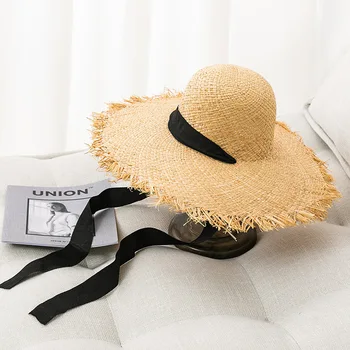 Branco ribbob chapéu de palha de Verão senhoras Ins respirável borla ráfia chapéus Floppy grande brim protetor solar panamá tampa de Sol, chapéus, gorros
