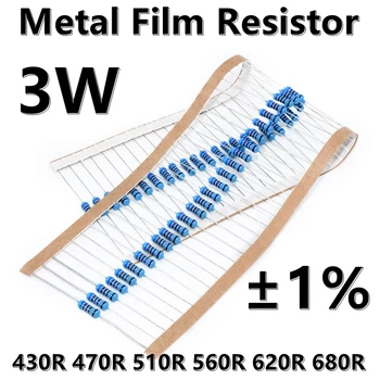 (10pcs) 3W de resistores de Filme de Metal de 1% cinco anel de cor resistor de precisão 430R 470R 510R 560R 620R 680R ohm Ω