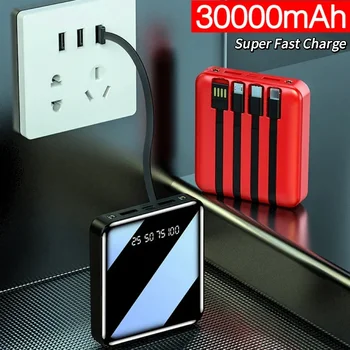 Mini Banco de Potência 30000mAh Quatro WirePortable Super Rápido Carregador Externo Para Xiaomi iPhone Samsung Poverbank Display Digital NOVA
