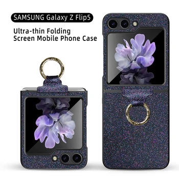 Para Samsung Galaxy Z Flip 5 Casos De Luxo Colorido, Glitter Brilhante Anel De Suporte Temperado Com Película À Prova De Choque, Capa Dura Acessórios