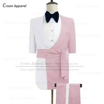 Rosa Branca Splicing Elegantes Ternos Para Homens De Casamento De Noivos Personalizado Slim Fit Roupas Banquete Formal Clássico Blazer, Calças De 2 Peças