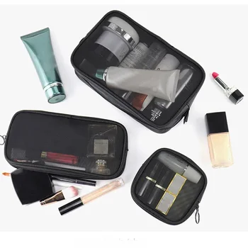 1PCS Preto de Malha Saco Cosmético Zíper produtos de Higiene pessoal Organizador de Bolsa de Maquiagem Multifuncional Transparente Mulheres de Batom Lavar Bolsa de Armazenamento