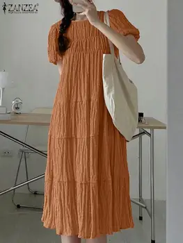 ZANZEA em torno do Pescoço de Férias Vestidos Puff Manga Plissado em Camadas Moda Tecido Texturizado Midi Vestido Estilo coreano Mulheres de Uma linha de Roupões de