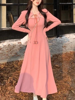Cor-de-rosa francesa Vintage Vestido de festa Longo, Mulheres, Festa à Noite Lace-up Elegante Vestido Feminino Estilo coreano de Manga Longa Vestido de Outono 2023