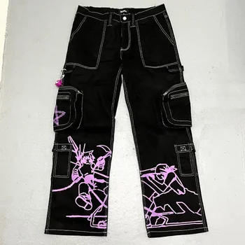 Harajuku tendência Y2K carga calças mulheres 2023 nova ins moda jeans mulheres modelos de impressos casual streetwear hip hop calça jeans preta, mulheres
